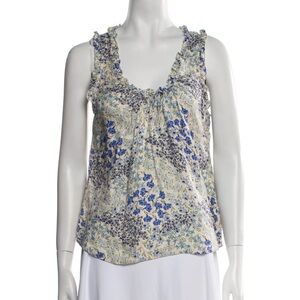 Rebecca Taylor Ava Sleeveless Floral Blue Silk Blend Scoop Neck Blouse Medium